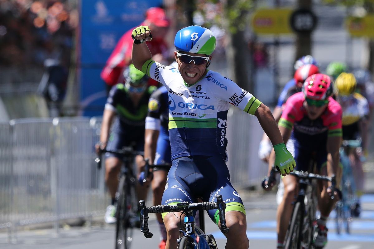 Caleb Ewan celebrating his second stage win of the week