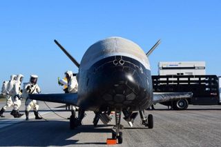 The U.S. Air Force’s X-37B Orbital Test Vehicle 4 is seen after landing at NASA ‘s Kennedy Space Center Shuttle Landing Facility in Florida on May 7, 2017.
