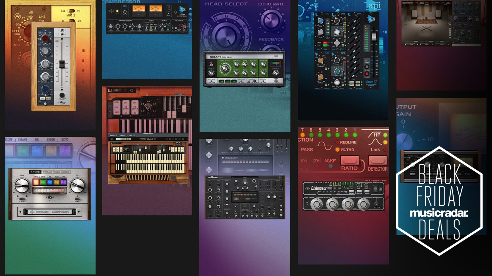 A selection of Universal Audio Spark plugins on a multi-coloured background