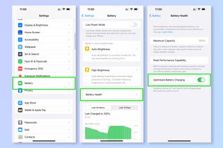 Screenshots showing the steps to turn on Optimized Battery Charging on iPhone