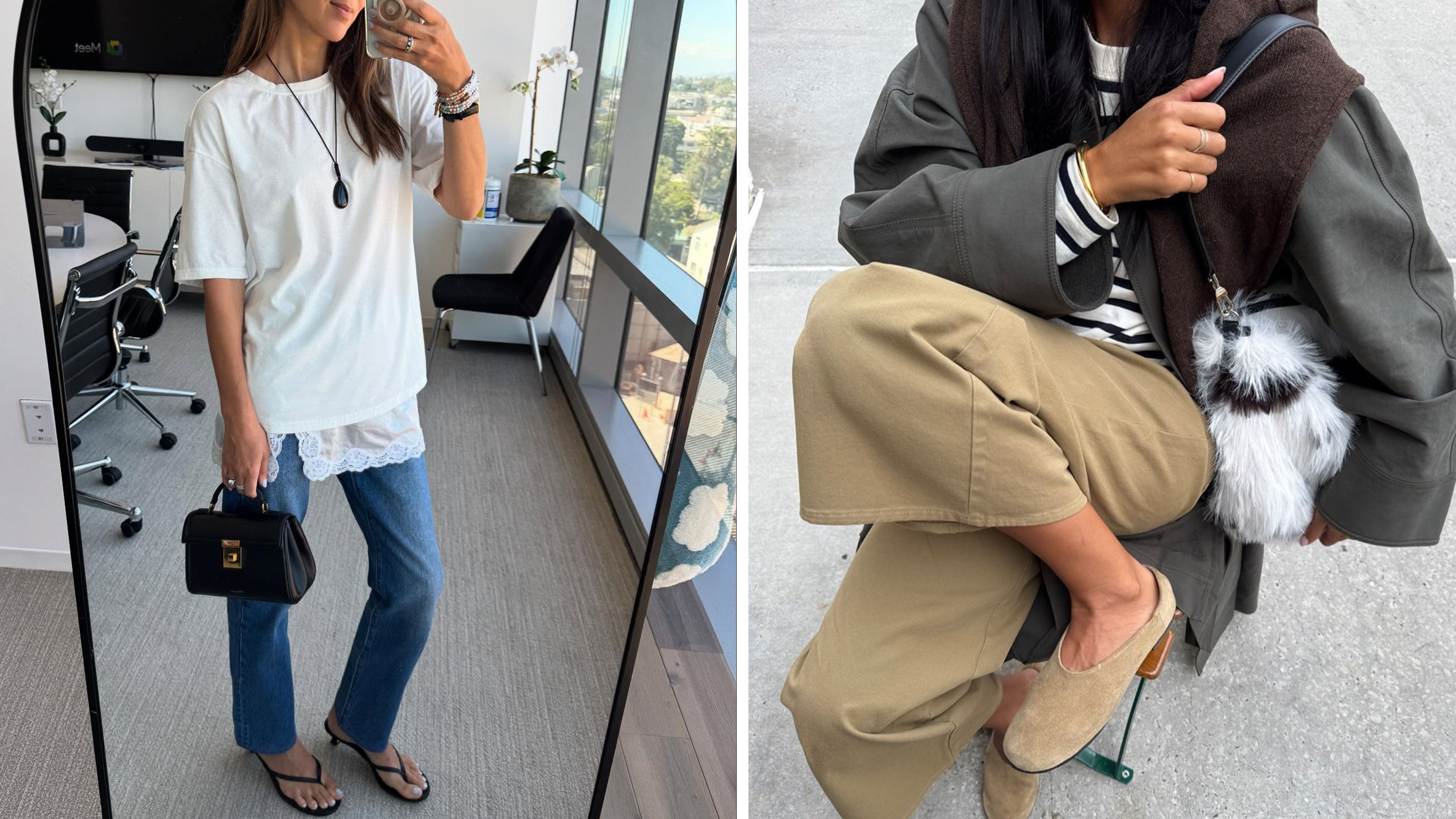 Woman in jeans and a white tee; woman in trench coat, beige jeans, and a striped top.