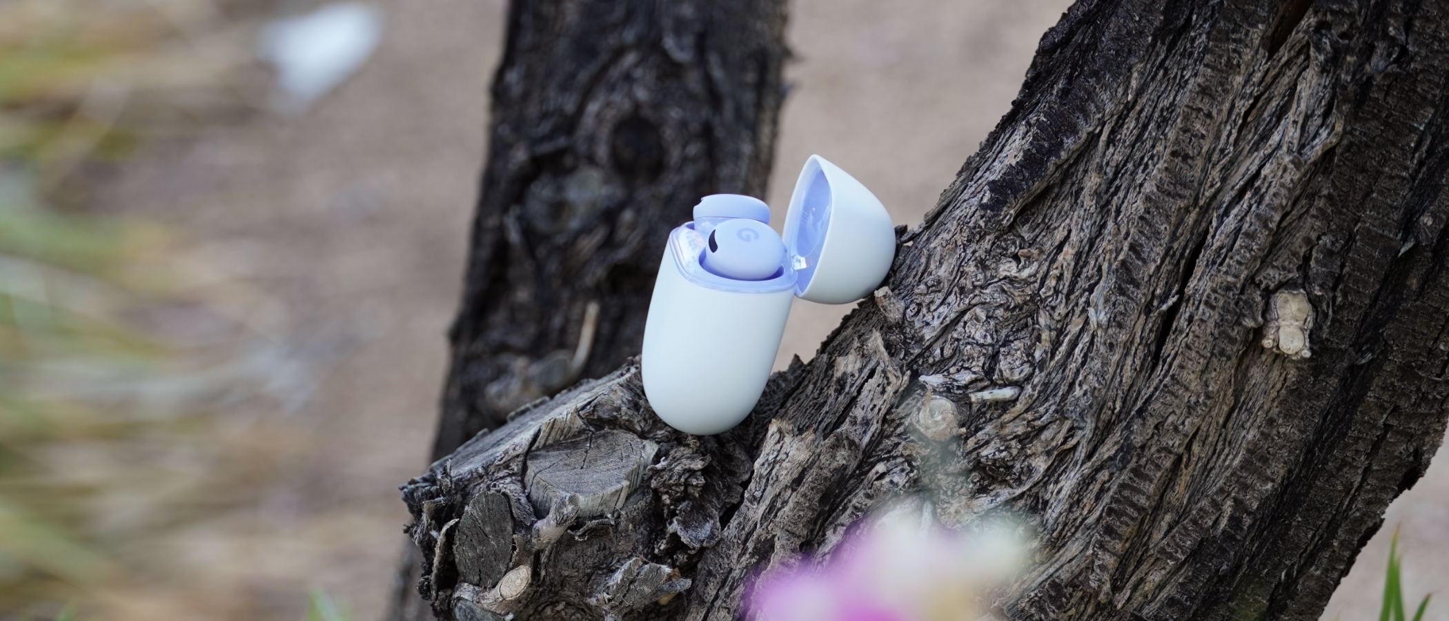 The Google Pixel Buds 2a in the Iris colorway. 