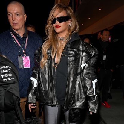 Rihanna in leggings and a leather jacket at F1 Grand Prix in Las Vegas
