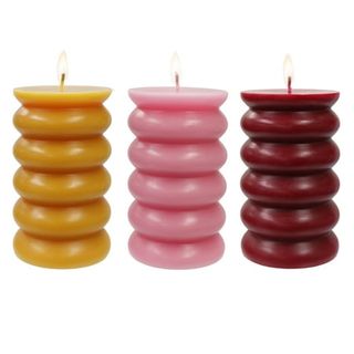 Better Homes 
Gardens Unscented Pillar Candles, 3-Pack, 3x5 Inches, Orange, Pink, Red