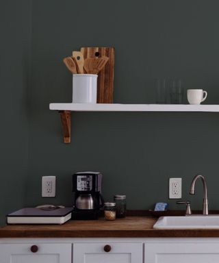 dark blue kitchen wall with open shelving and outlets