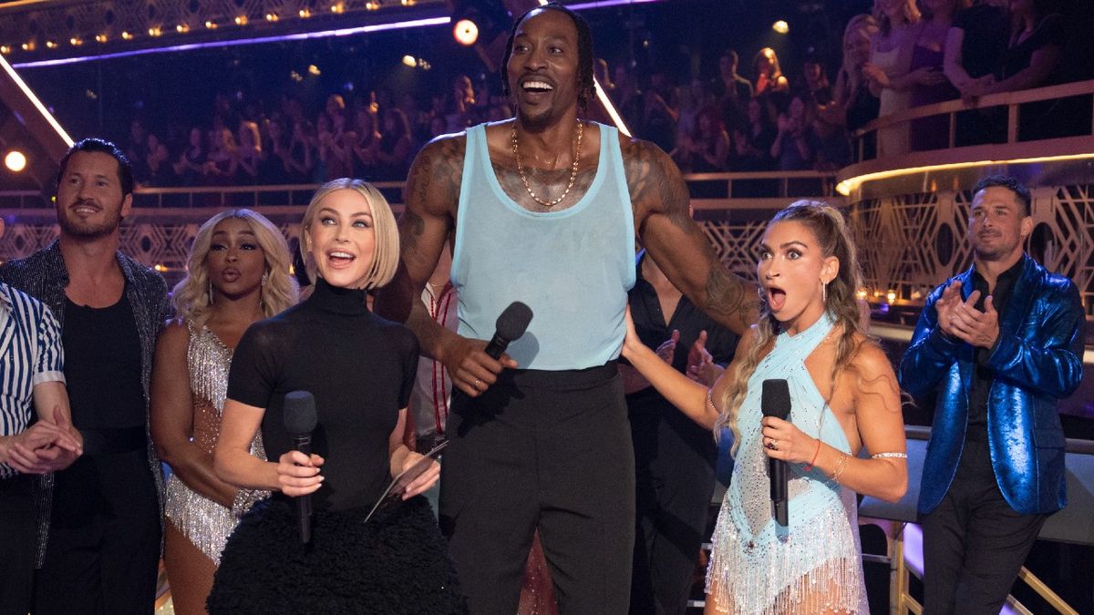 From left to right: JULIANNE HOUGH smiling, DWIGHT HOWARD looking excited, and DANIELLA KARAGACH looking shocked.