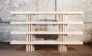 Stacked wooden planks resembling shelves