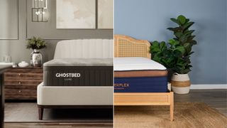 Charcoal grey GhostBed Luxe mattress vs navy, white and bronze Brooklyn Bedding Copperflex Pro mattress