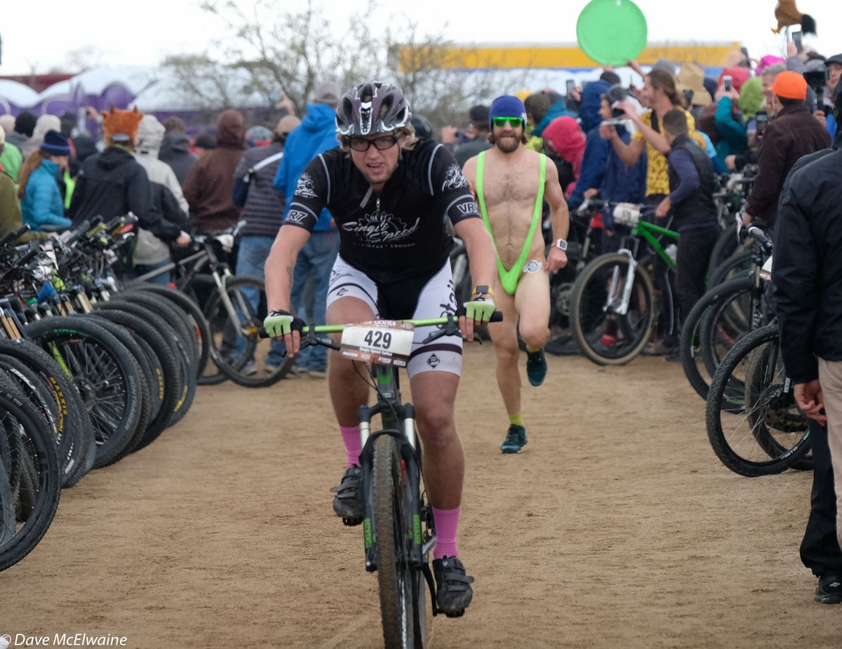 Ryan Smiley head out onto the course on his single-speed bike