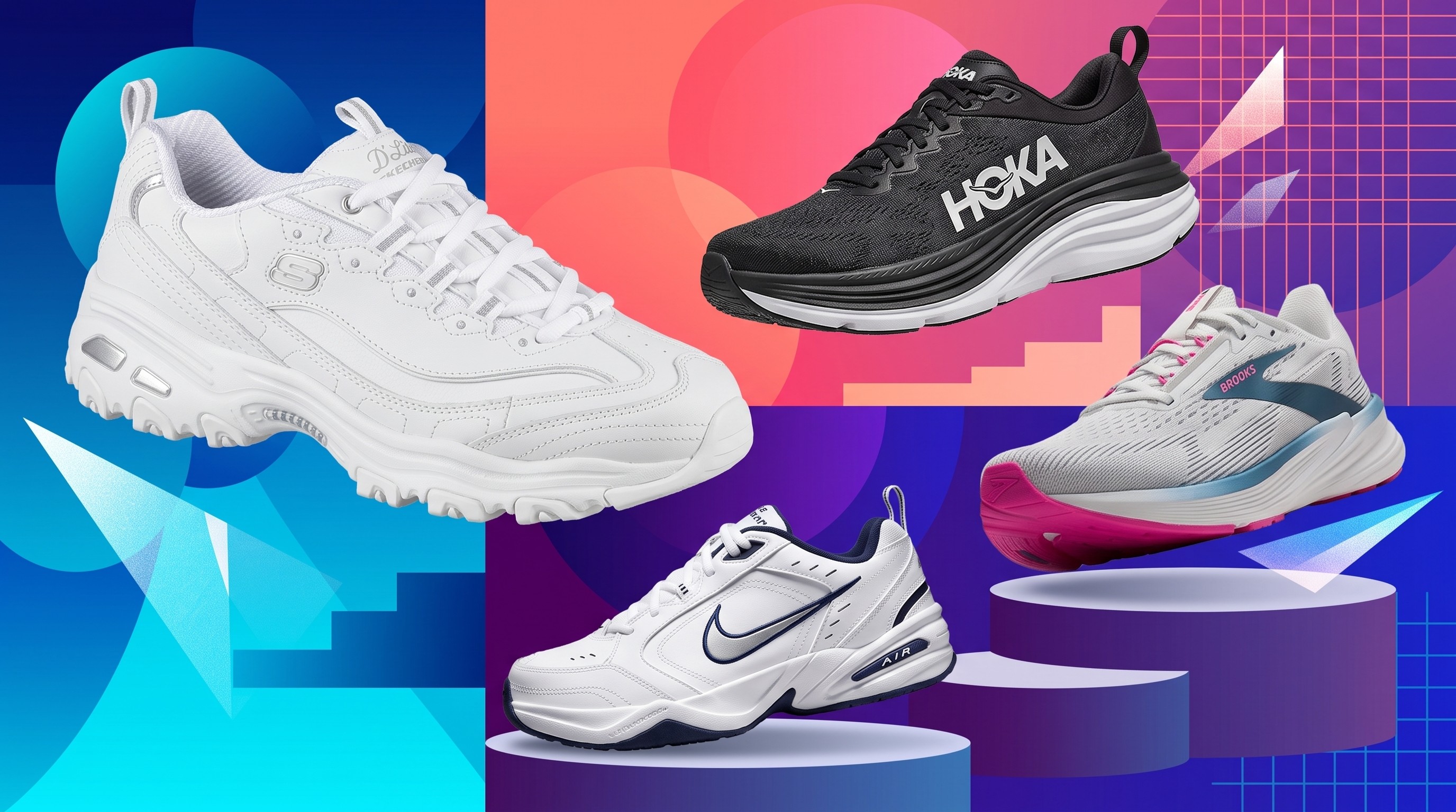 Walking shoes from Skechers, Hoka, Brooks, Nike