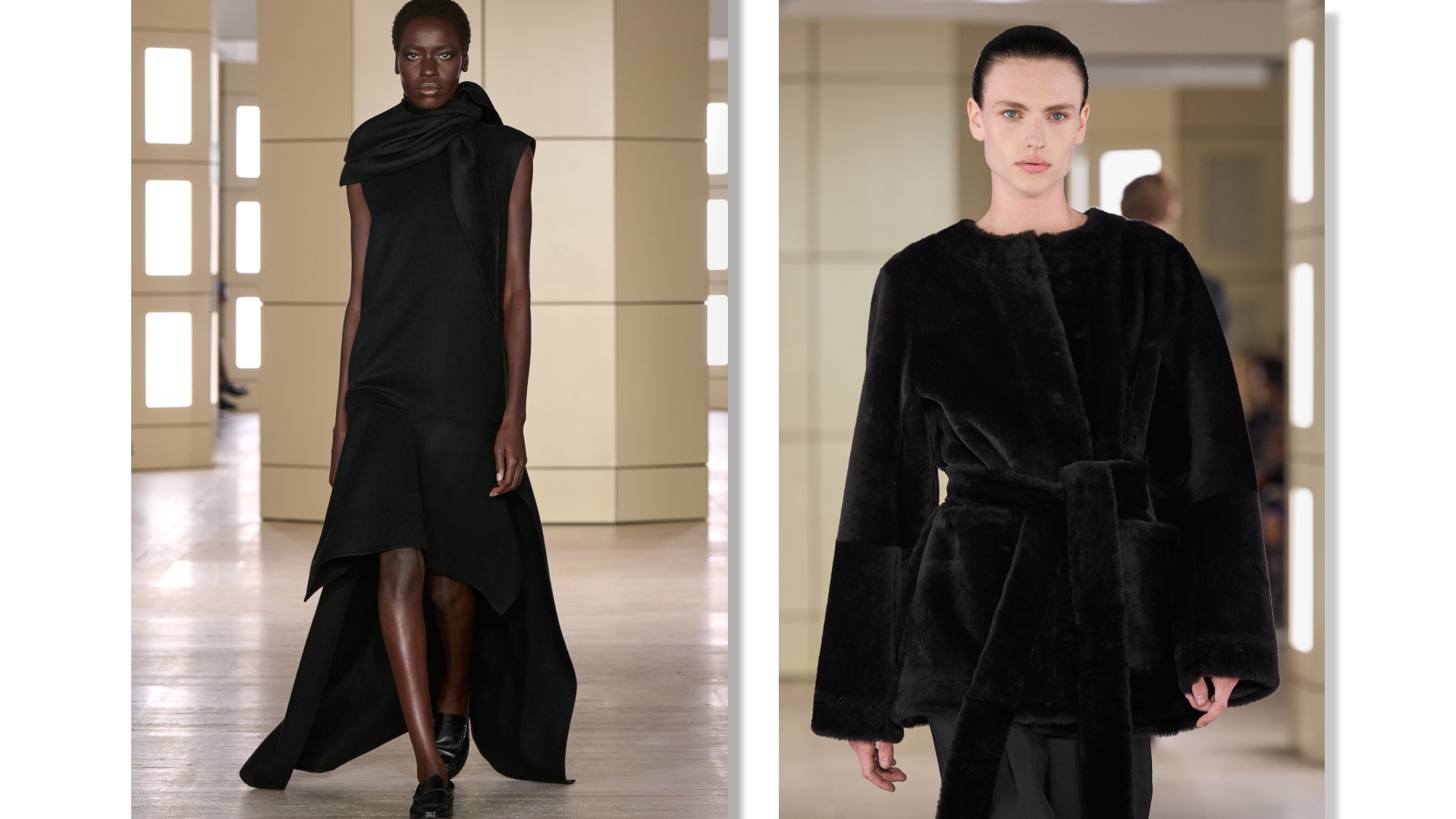 cos models side by side wearing black fall clothes