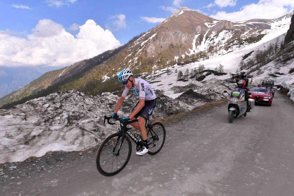 British cyclist Christopher Froome rides his bike at the Colle delle Finestre mountain pass during the 19th stage of the 101th edition of the Tour of Italy Giro dItalia from Venaria Reale to Bardonecchia 181 km on May 25 2018 in Bardonecchia Photo by Tim De WAELE POOL AFP Photo credit should read TIM DE WAELEAFP via Getty Images