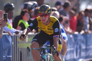 Dylan Groenewegen crosses the line for victory on stage 1 of the Dubai Tour