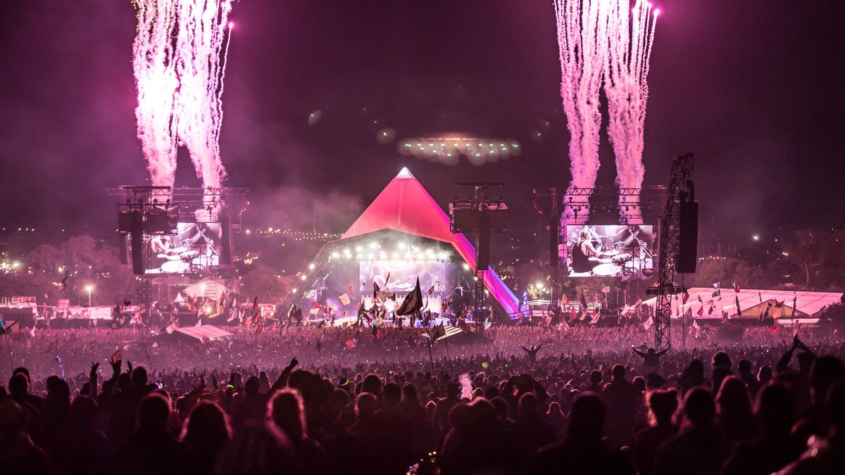 Fireworks mark the end of the Foo Fighters&#039; Pyramid Stage performance at Glastonbury Festival, England.