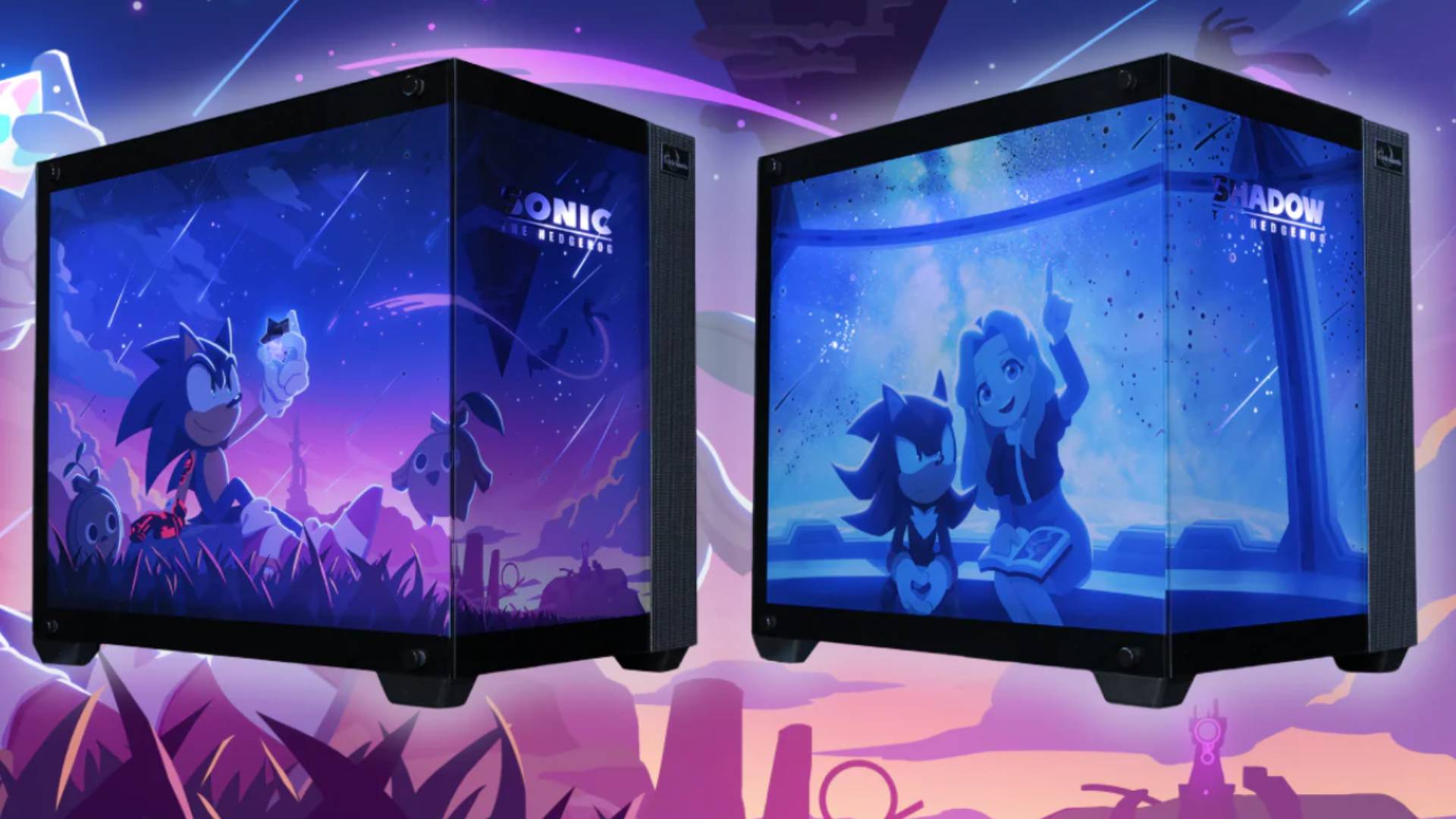Official marketing image showing the range of two Sonic Pict gaming PCs, with Sonic art in the background.