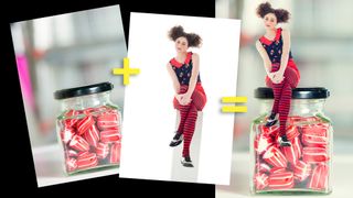 Images of a sweet jar and a model, which are then combined to create a fun composite.