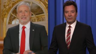 Jon Stewart delivering a monologue on The Daily Show and Jimmy Fallon delivering a monologue on The Tonight Show