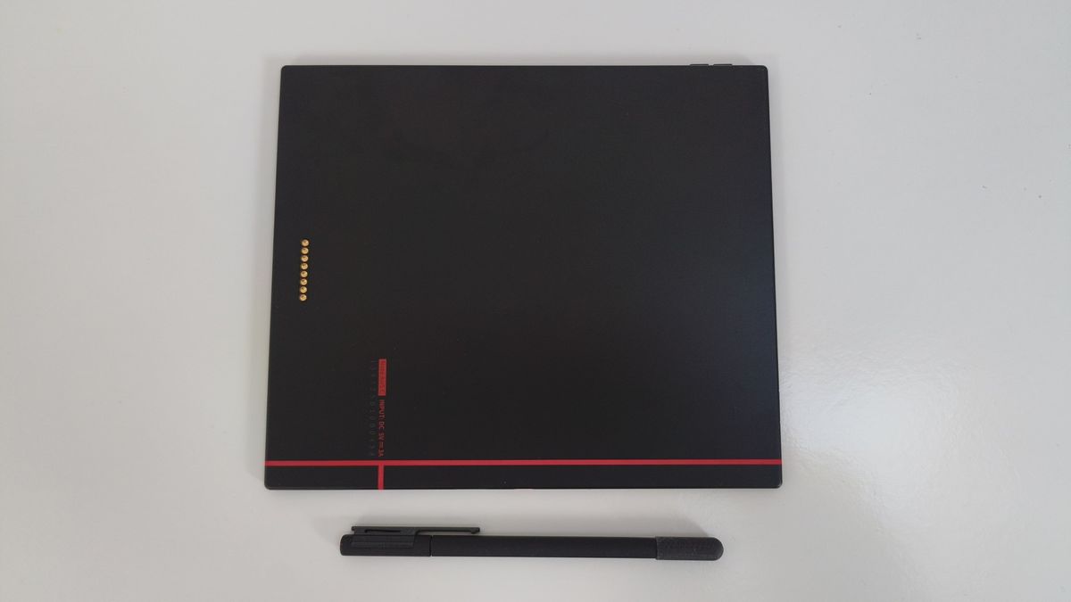 The dark gray aluminum back of the Onyx Boox Note Air 5C tablet, featuring a minimalist design with the Boox logo and a sleek, modern finish.