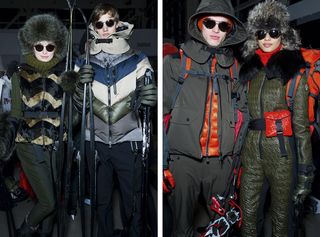 Models wearing winter ski clothing in olive green and orange