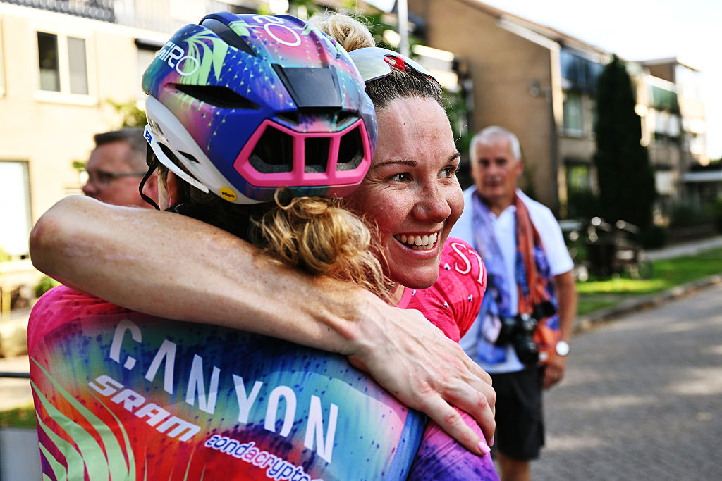 LICHTENVOORDE, NETHERLANDS - SEPTEMBER 07: Sarah Roy of Australia and Team EF Education-Oatly reacts in her farewell and last race as a professional cyclist after the 27th Simac Ladies Tour 2025, Stage 6 a 156.3km stage from Lichtenvoorde to Lichtenvoorde / #UCIWWT / on September 07, 2025 in Lichtenvoorde, Netherlands. (Photo by Luc Claessen/Getty Images)