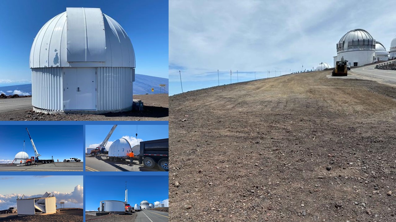 Various images depicting progress of removing a telescope.