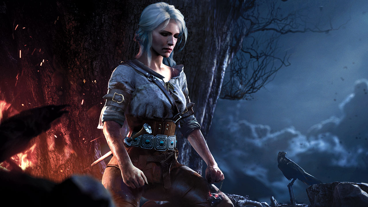 The Witcher 3: Wild Hunt - Ciri poses in front of a burning forest at night