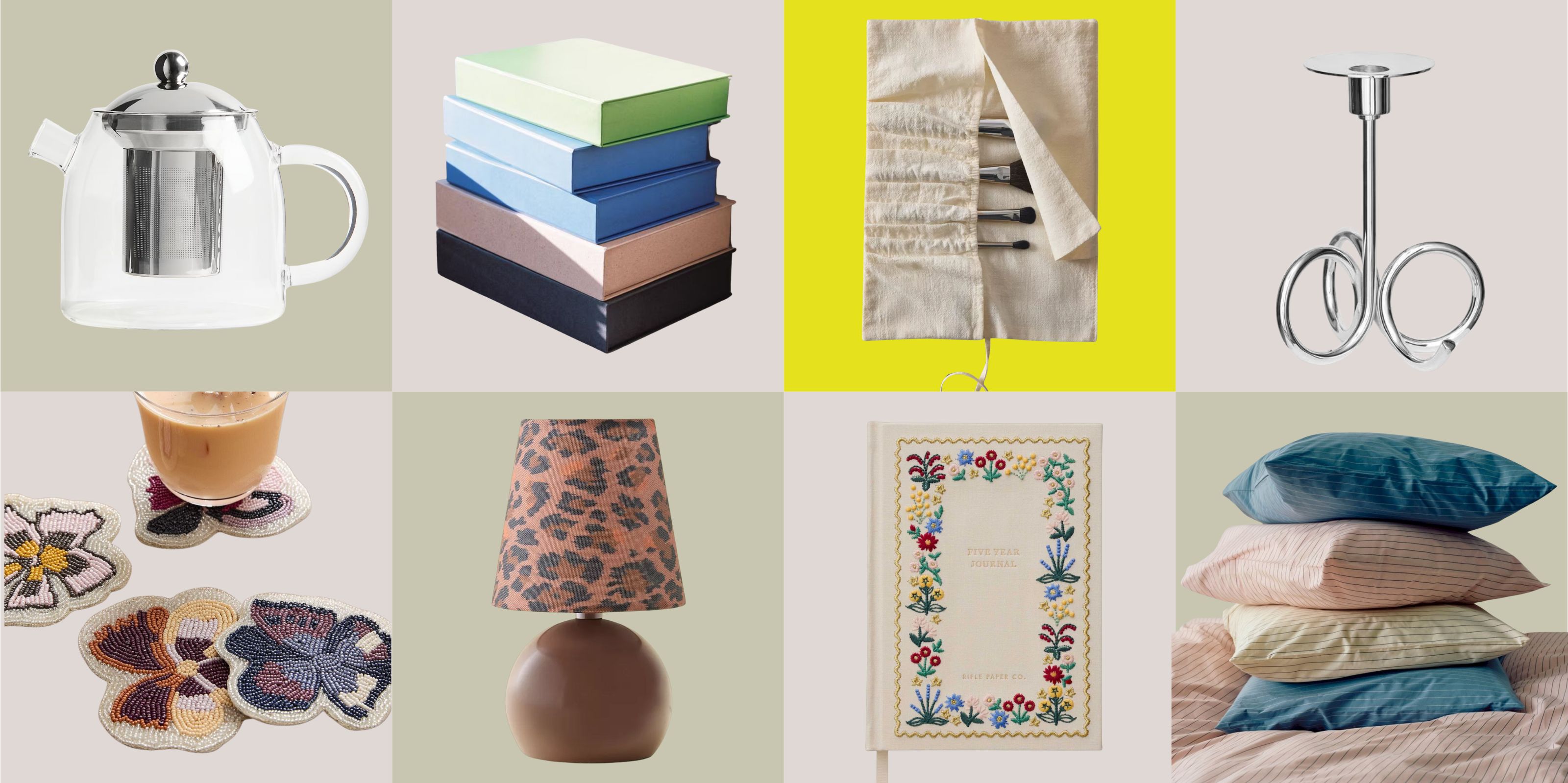 2x4 pink and sage checkerboard that has different homeware products in each box. 