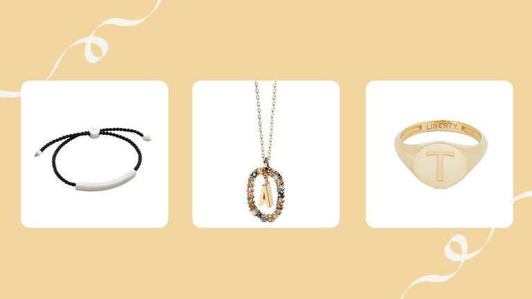three of w&h's best personalized jewelry gifts picks on a yellow background with white ribbon decoration in the corners