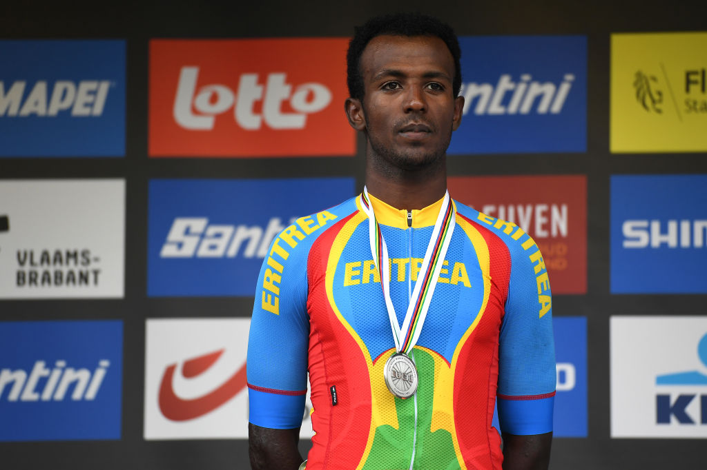 Biniam Girmay celebrates winning the silver medal in the under-23 men&#039;s road race at the 2021 Worlds in Leuven