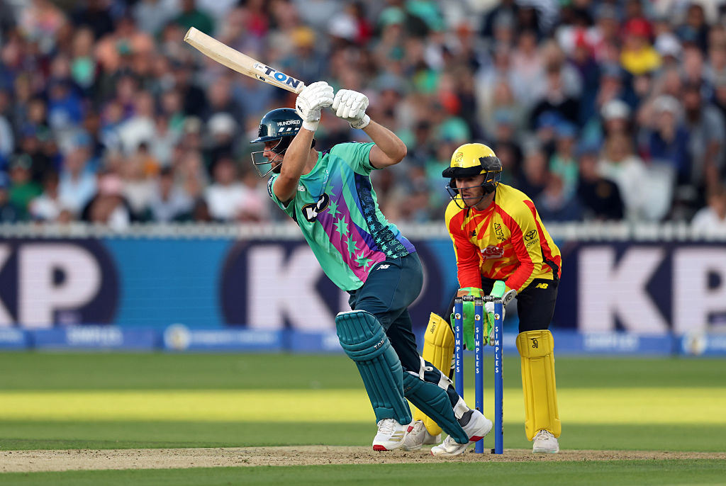 Will Jacks of Oval Invincibles hits out as wicket keeper Ben Cox of Trent Rockets looks on during The Hundred Final match between Oval Invincibles Men and Trent Rockets Men at Lord's Cricket Ground on August 31, 2025 in London, England.