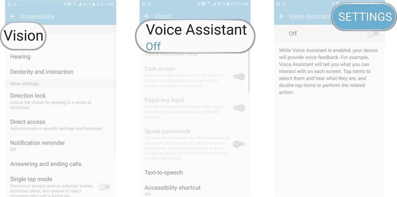 Tap Vision from the Accessibility settings screen, tap Voice Assistant, then tap Settings in the top right corner.