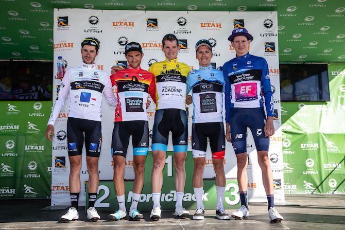 The leaders' jerseys after stage 2 of the 2019 Tour of Utah