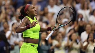 Coco Gauff of the United States celebrates match point against Karolina Muchova of the Czech Republic during their Women's Singles Semifinal match at 2023 US Open at the USTA Billie Jean King National Tennis Center on September 07, 2023