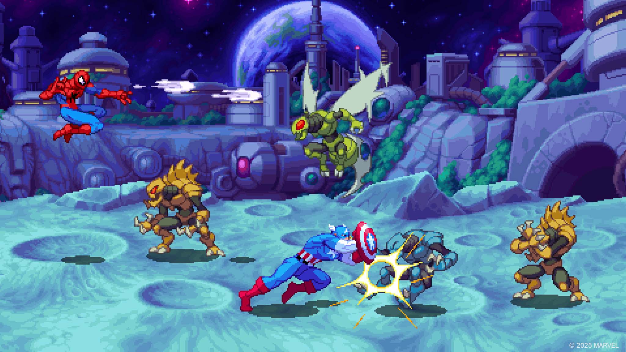 Screenshot showing MARVEL Cosmic Invasion with Spider-Man and Captain America fighting enemies.