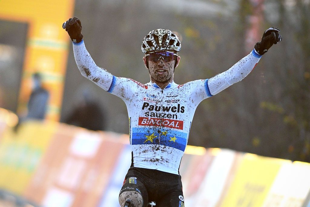 Belgian Eli Iserbyt celebrates as he crosses the finish line to win the mens race of the Superprestige Boom fifth stage of the Superprestige cyclocross cycling competition Sunday 06 December 2020 in Boom BELGA PHOTO DAVID STOCKMAN Photo by DAVID STOCKMANBELGA MAGAFP via Getty Images