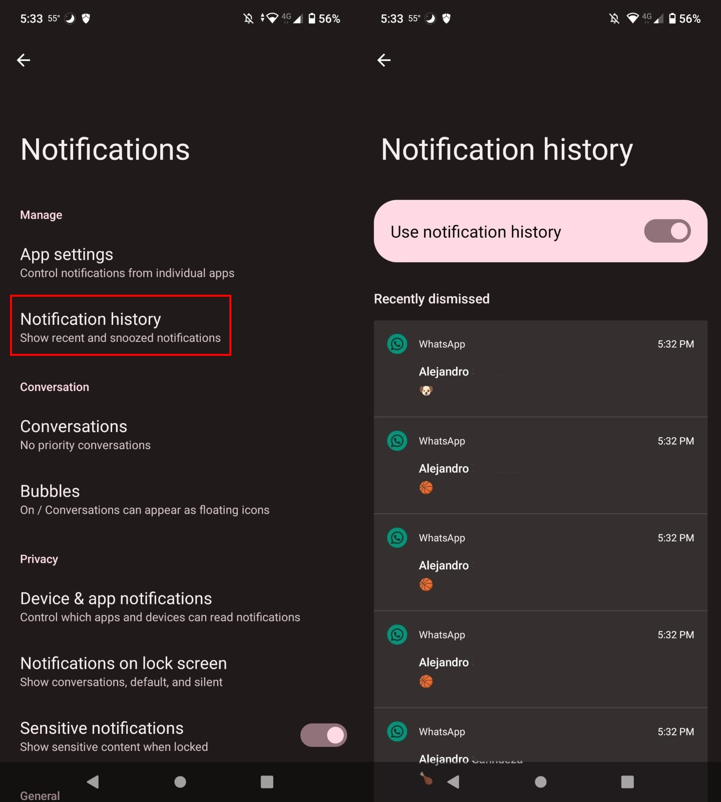 Notification list for Motorola G14 Android phone