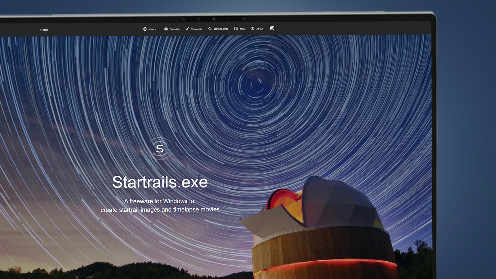 A laptop screen showing the Startrails software homepage