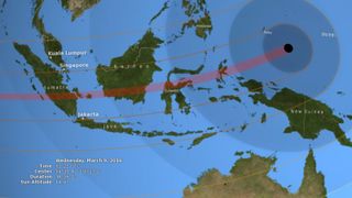 On March 9, 2016, a total solar eclipse will be visible to skywatchers across Indonesia and parts of southeast Asia. This NASA graphic depicts the 100-mile-wide path of totality (in dark red) for the event, which will occur late on March 8 Eastern Time.
