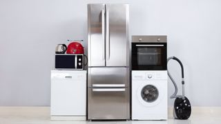 A group of appliances against a wall