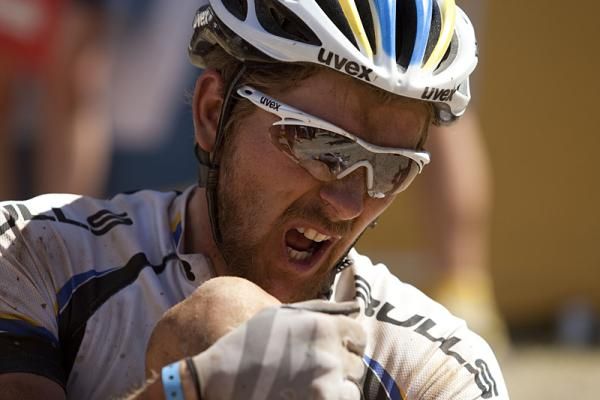 Karl Platt of Team Bulls 1 feels the pain as they cross the finish line