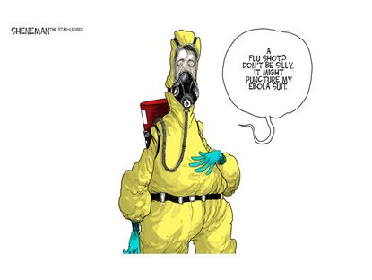 Editorial cartoon flu shot Ebola suit
