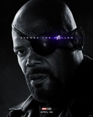 Samuel L Jackson with eye patch in official Avengers: Endgame poser