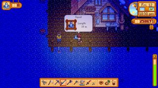 Stardew Valley screenshot of the farmer catching a squid as snow falls during the SquidFest