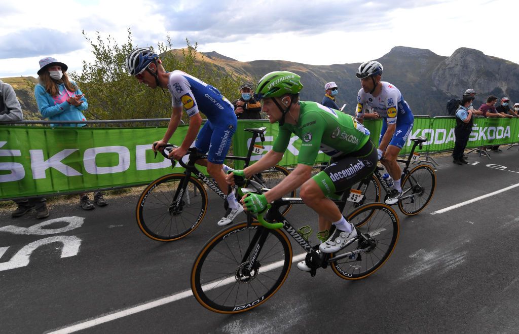 CANTAL FRANCE SEPTEMBER 11 Tim Declercq of Belgium and Team Deceuninck QuickStep Sam Bennett of Ireland and Team Deceuninck QuickStep Green Points Jersey Michael Morkov of Denmark and Team Deceuninck QuickStep during the 107th Tour de France 2020 Stage 13 a 1915km stage from ChtelGuyon to Pas de PeyrolLe Puy Mary Cantal 1589m TDF2020 LeTour on September 11 2020 in Cantal France Photo by Tim de WaeleGetty Images