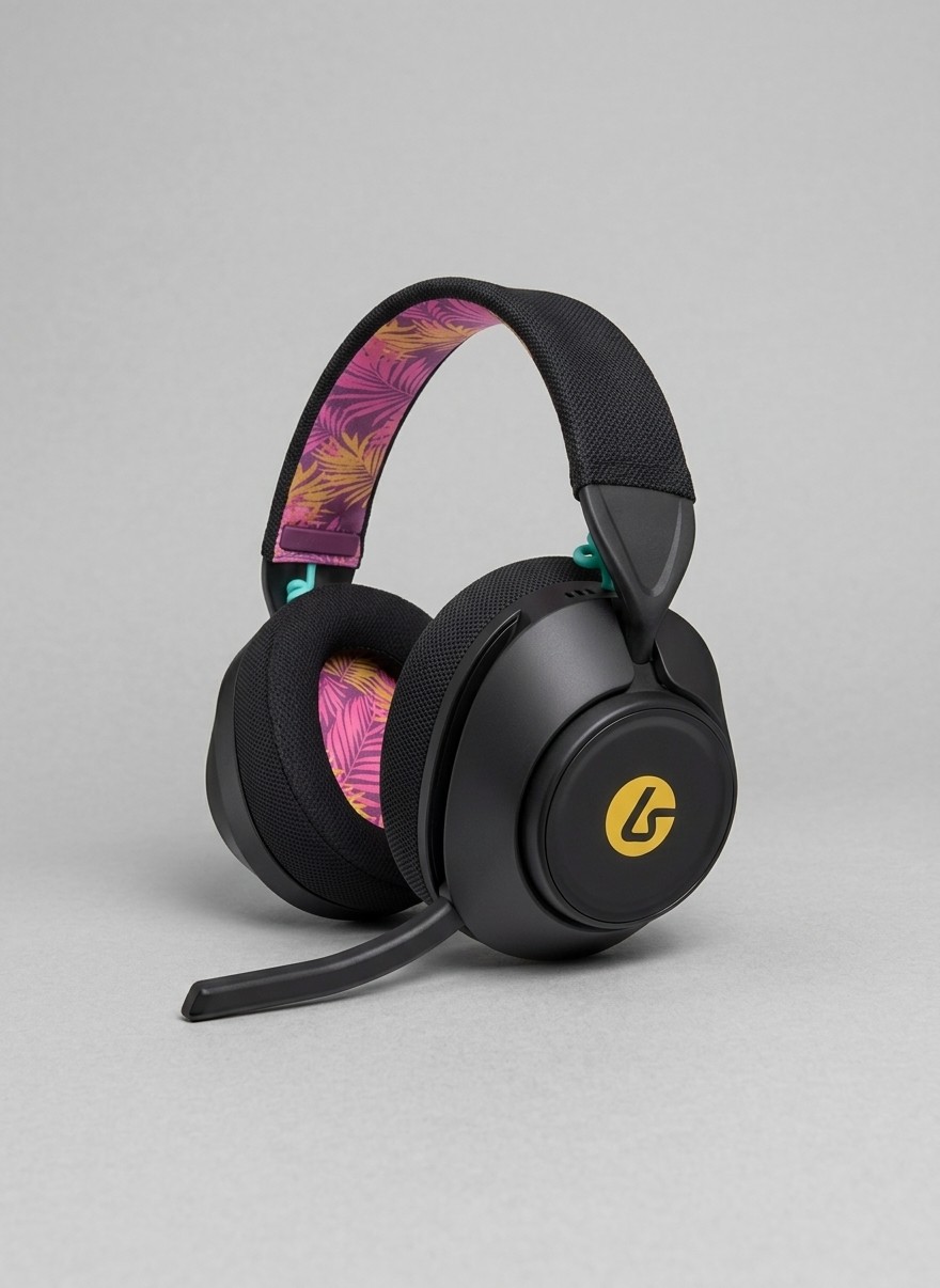 A PowerA Lucidsound LS500 gaming headset on a grey background A PowerA Lucidsound LS500 gaming headset on a grey background
