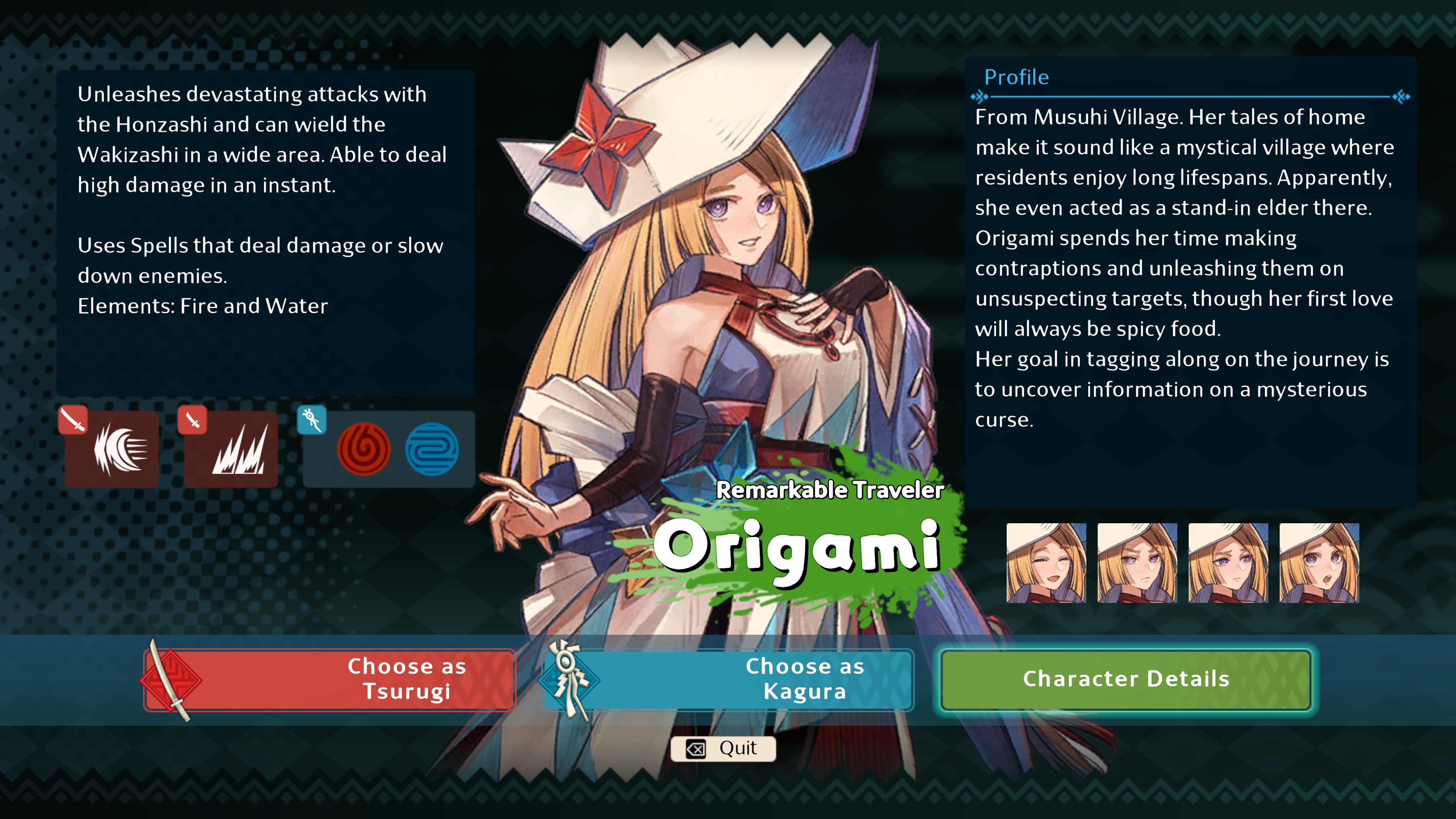 A screenshot of Towa and the Guardians of the Sacred Tree. 2D art of a blonde woman with a big hat named Origami sits in between text columns that explain her combat abilities and her story background.