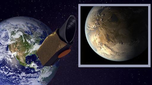 An illustration shows the Habitable Worlds Telescope in orbit around Earth and (inset) the kind of exoplanet the project will investigate for telltale signs of life.