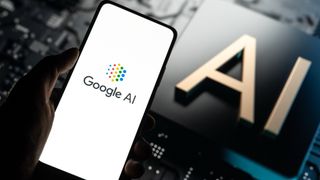 Google AI on phone in front of AI sign