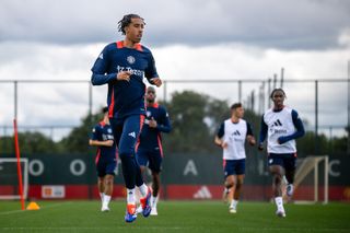 Manchester United defender Leny Yoro in training at Carrington