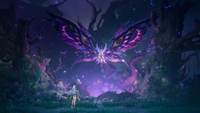 A woman stands before a being with large, butterfly-like wings
